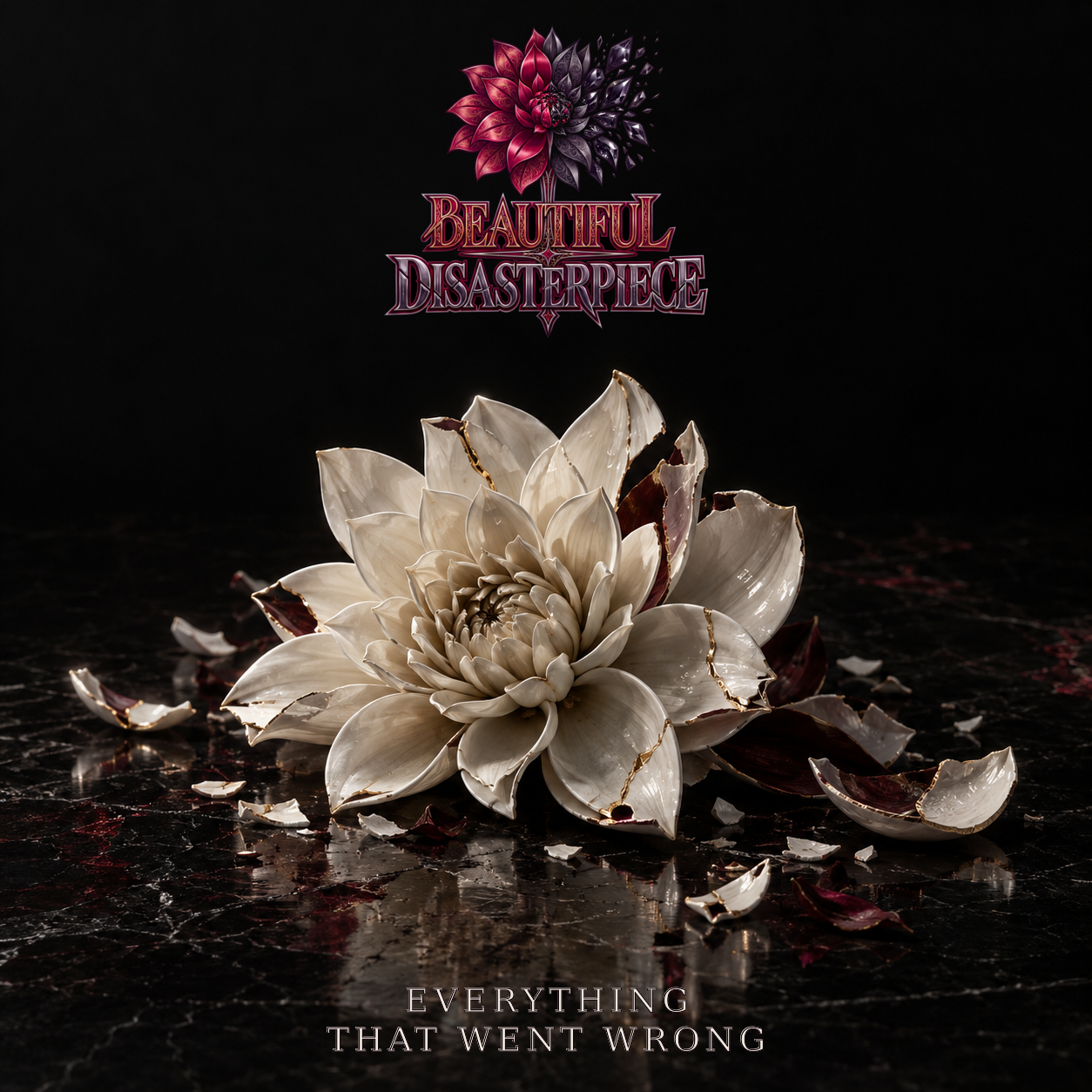 Everything That Went Wrong album cover by Beautiful Disasterpiece, featuring a shattered ivory dahlia with gold-edged cracks on a dark floor